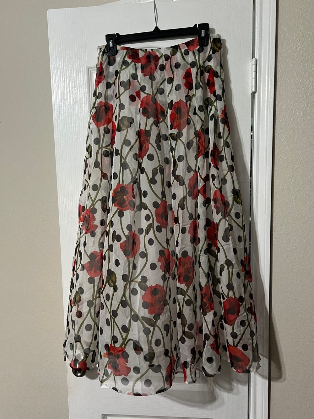 Only White Sheer A-Line Midi Skirt with Red Floral and Black Dots
